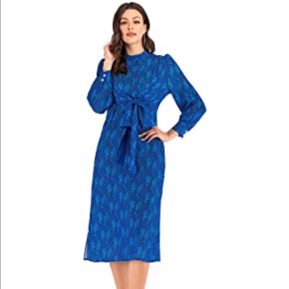 Mock neck Midi Tie Waist Dress - Picture 2 of 7